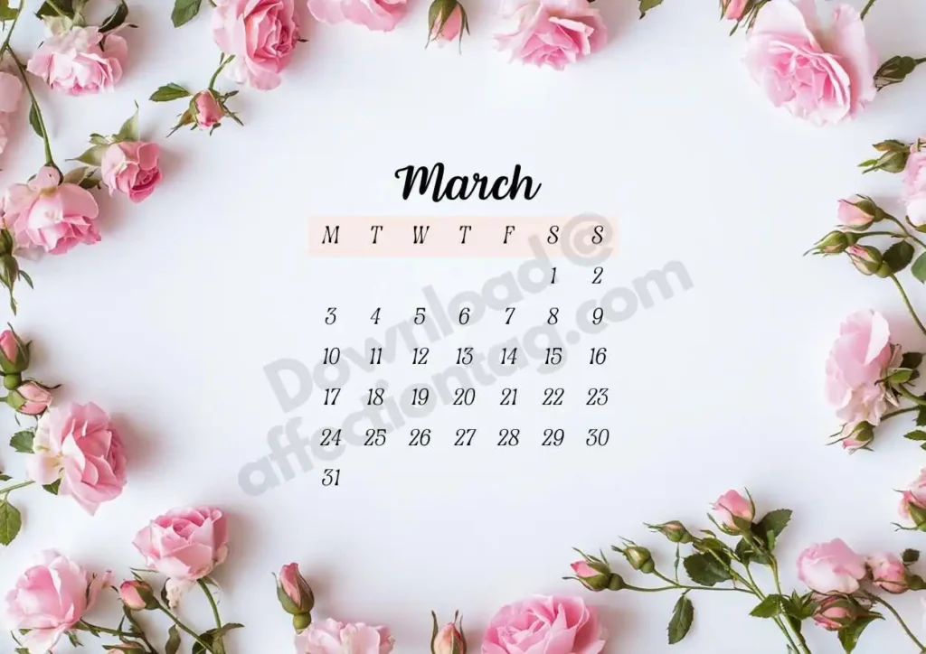 March 2025 Floral Calendar showcasing vibrant pink roses framing the calendar on a white backdrop. ©affectiontag.com