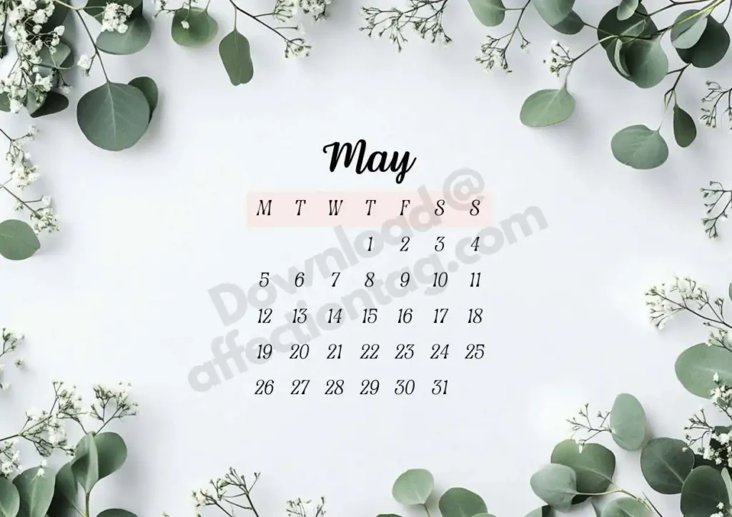 May 2025 Floral Calendar featuring lush eucalyptus leaves and baby's breath on a clean white background. ©affectiontag.com