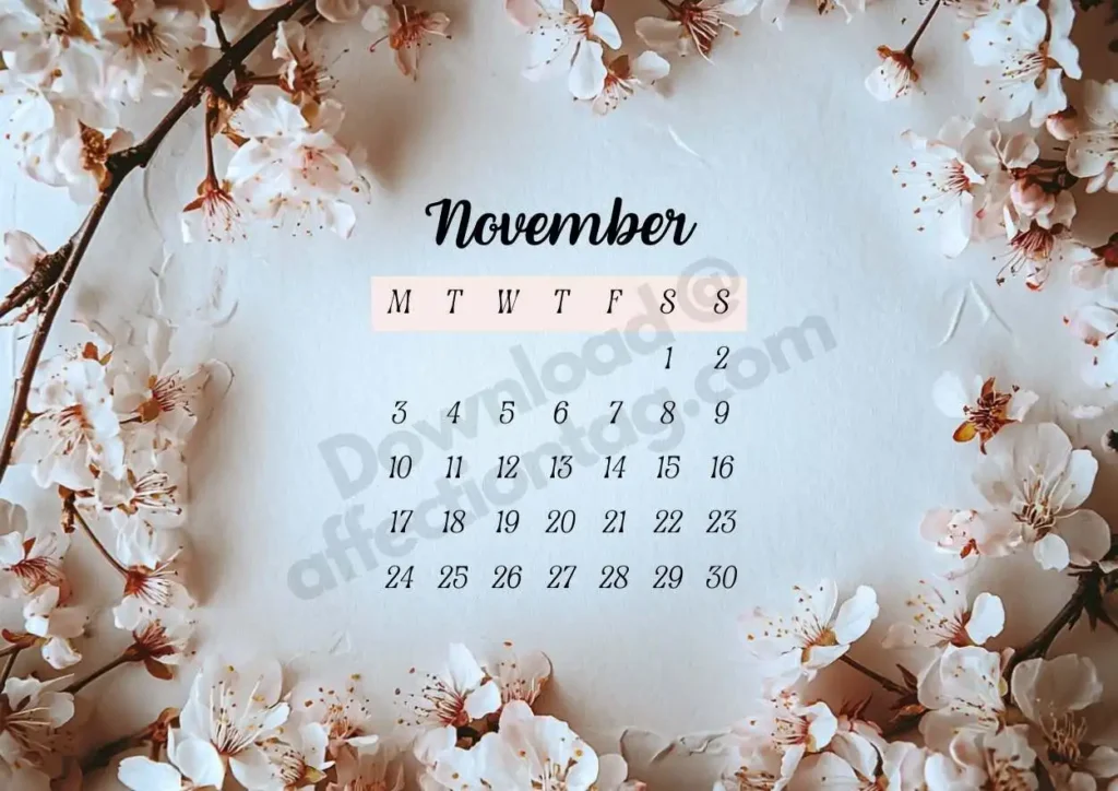 November 2025 Floral Calendar with warm-toned blossoms, creating a cozy and inviting fall theme. ©affectiontag.com