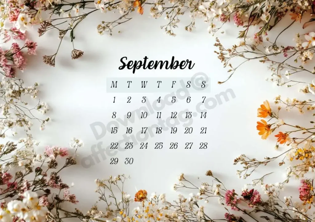 September 2025 Floral Calendar adorned with rustic and golden-hued flowers, reflecting early autumn charm. ©affectiontag.com