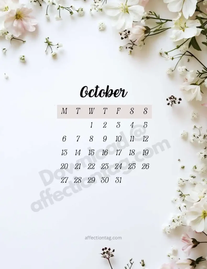 October 2025 Floral Calendar designed with a crisp white background and scattered delicate flowers, symbolizing simplicity