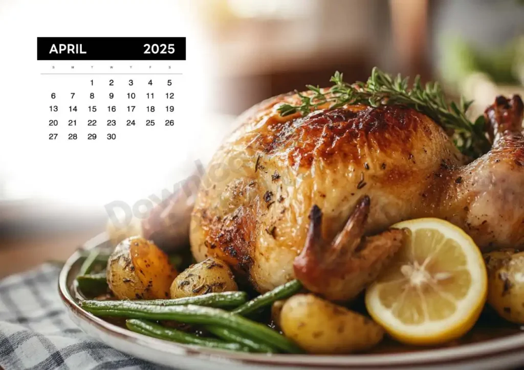 A golden roasted chicken with crispy skin, served with roasted potatoes, green beans, and a lemon garnish.