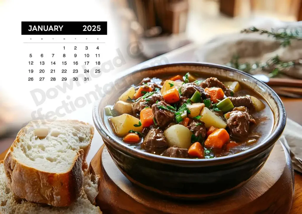 A bowl of hearty beef stew with vegetables, paired with fresh bread, on a rustic wooden table. A cozy meal for January.