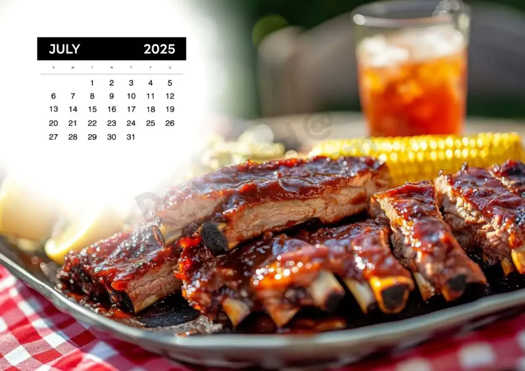 Barbecue ribs with a shiny glaze, served with corn on the cob and a cold beverage on a checkered tablecloth.