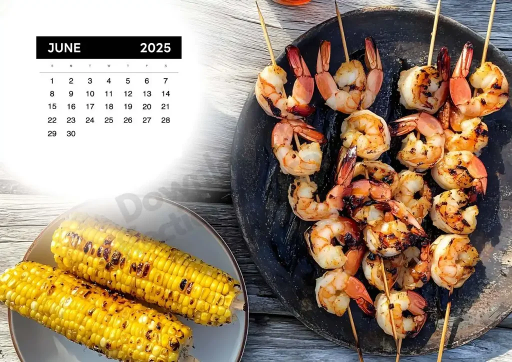 Grilled shrimp skewers and charred corn on the cob, served on a black plate outdoors, evoking summer BBQ vibes.