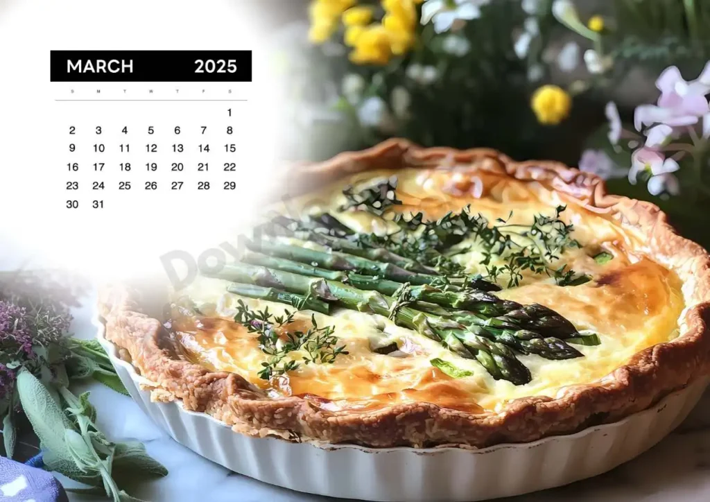 A freshly baked asparagus and herb quiche in a white pie dish, surrounded by fresh herbs and spring flowers.