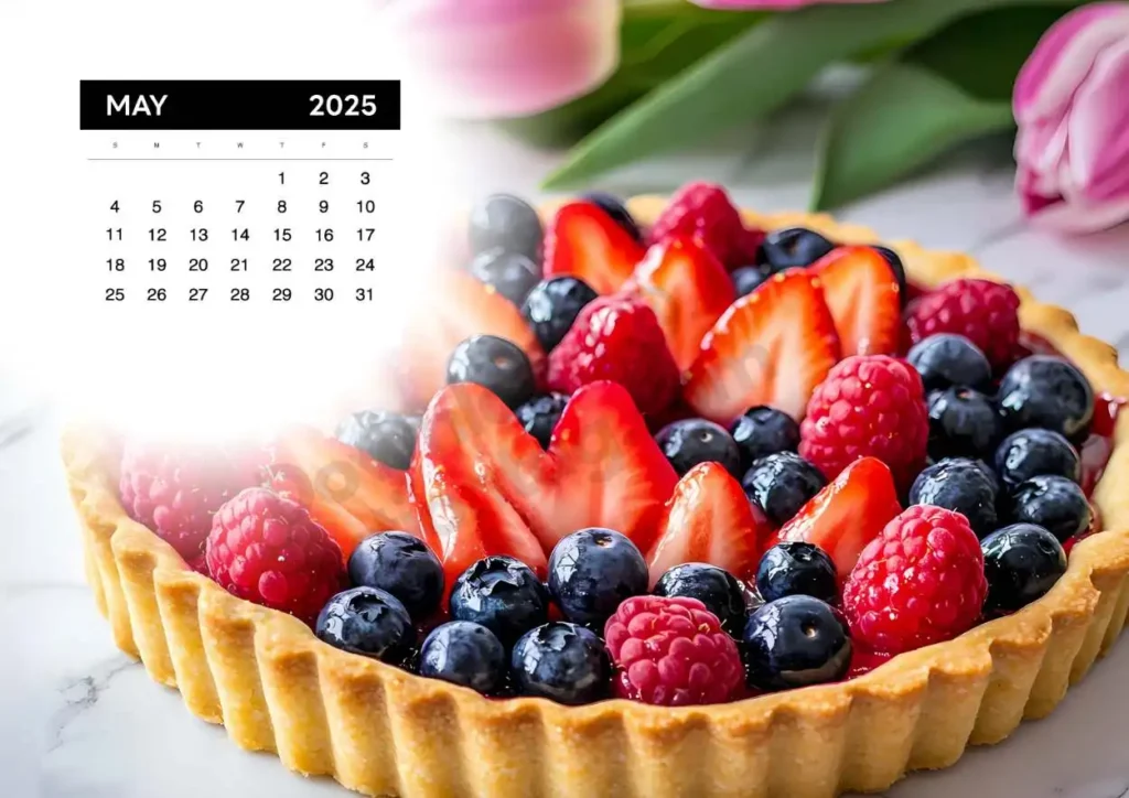 A May 2025 calendar displayed alongside a vibrant berry tart filled with strawberries, blueberries, and raspberries on a marble countertop. Tulips in the background add a fresh spring touch.