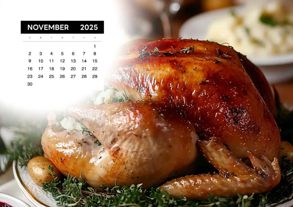 A November 2025 calendar featuring a golden-brown roasted turkey garnished with fresh herbs, sitting on a serving platter, symbolizing a Thanksgiving feast.