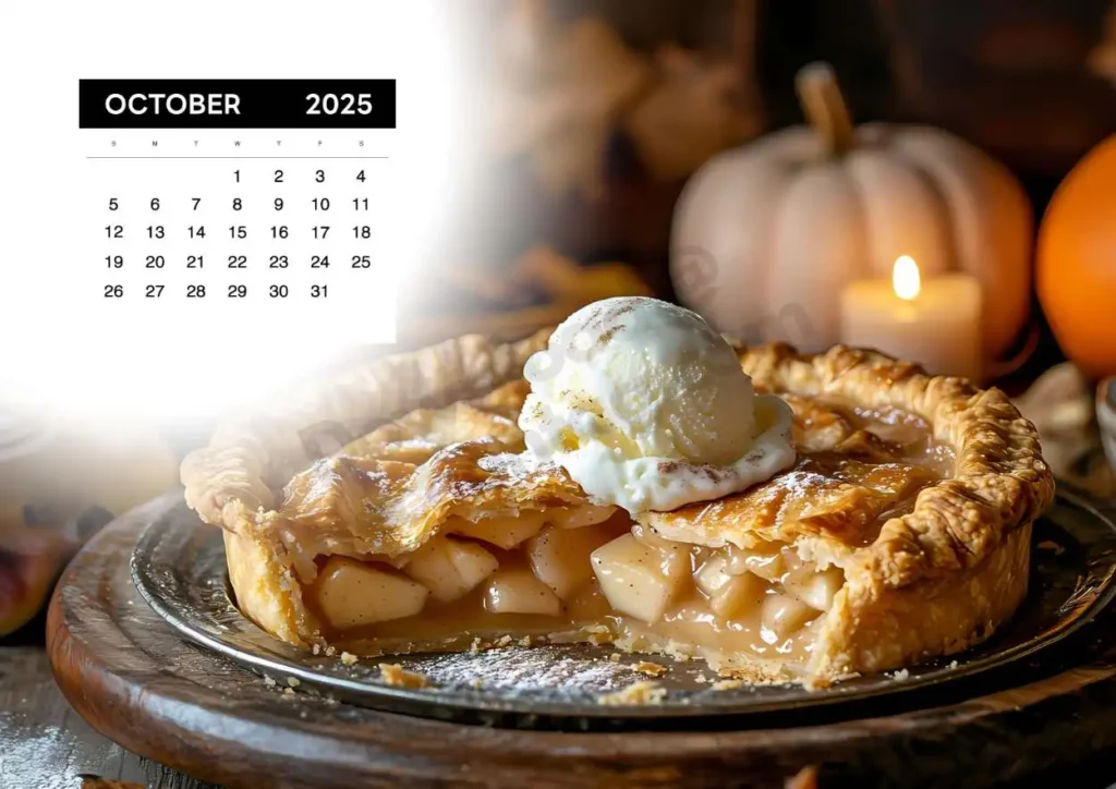 A slice of apple pie topped with a scoop of vanilla ice cream, surrounded by pumpkins and autumn decor.