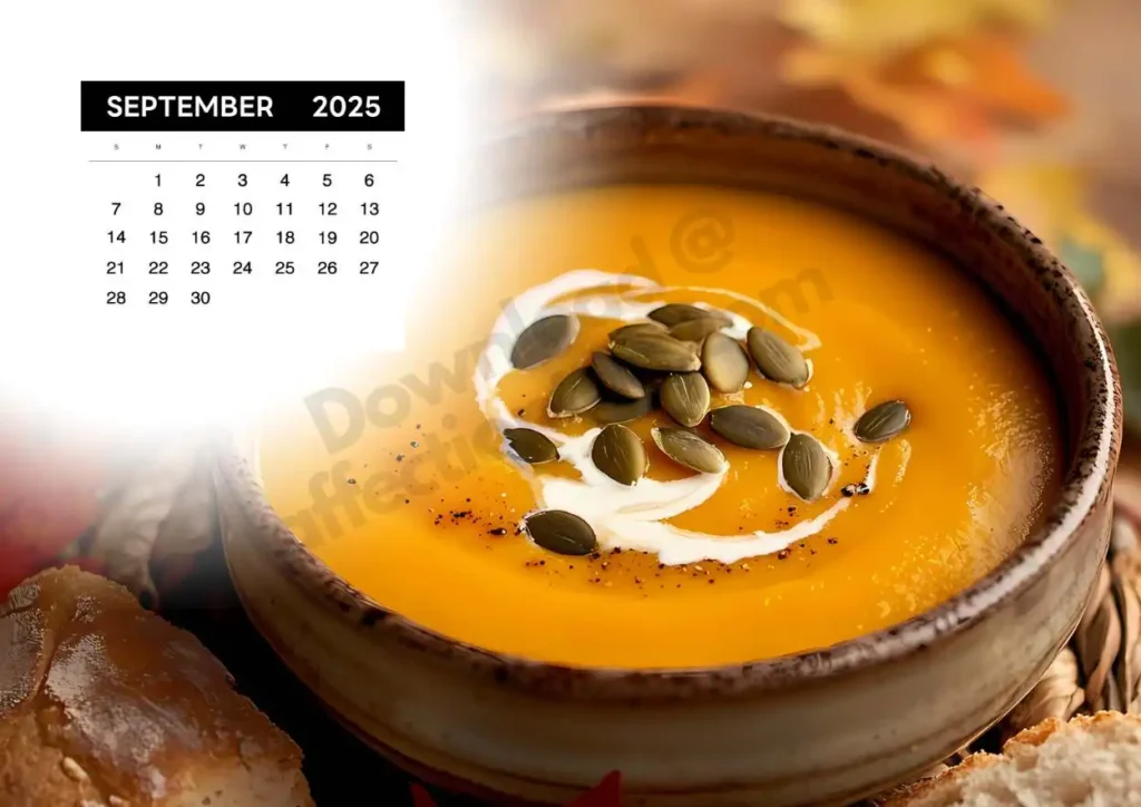 A bowl of creamy pumpkin soup garnished with pumpkin seeds and a swirl of cream, served with crusty bread.