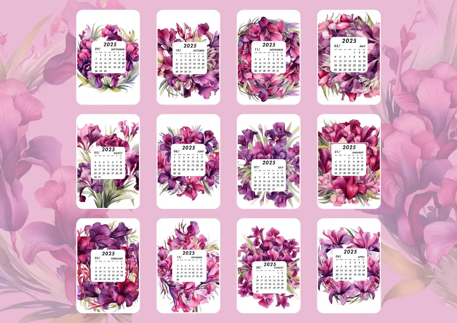 2025 Fuchsia Flower Calendar: A stunning calendar design featuring vibrant fuchsia flowers for all twelve months, set against a soft pink background. Each month showcases an elegant floral arrangement, perfect for adding a touch of nature-inspired beauty to your planning.