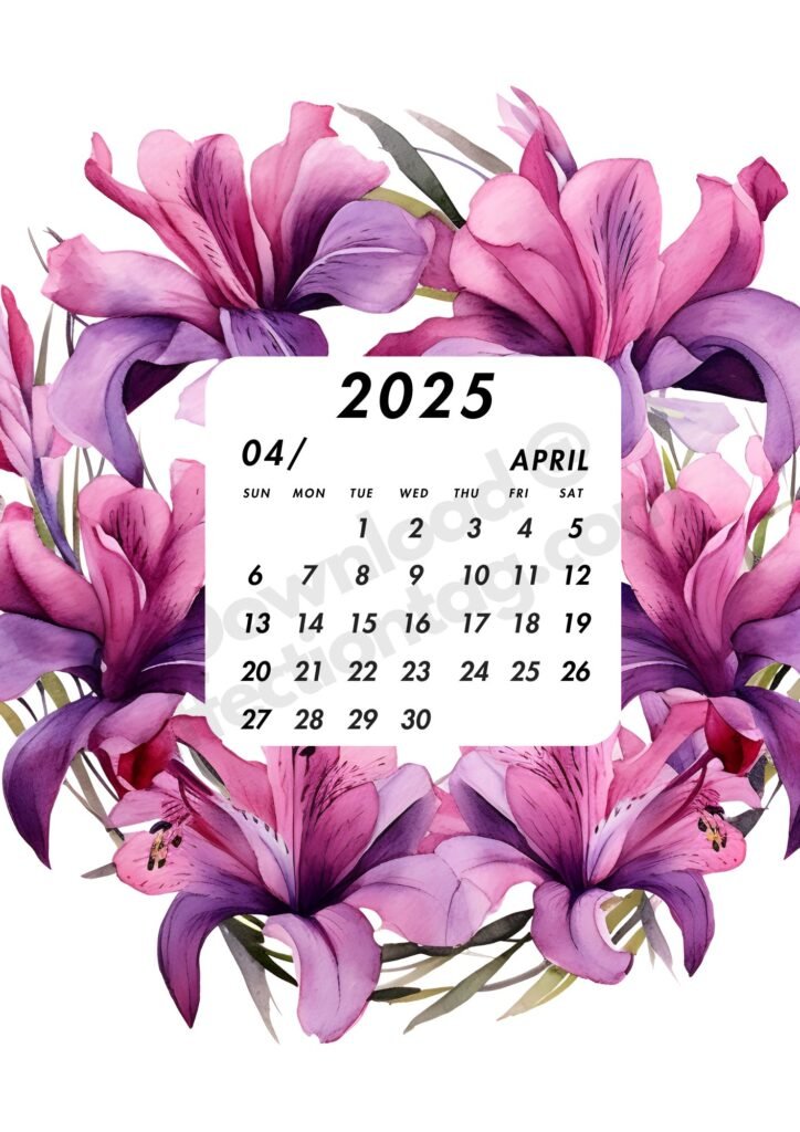 April 2025 calendar featuring fuchsia flowers with a clean, modern layout for the dates.