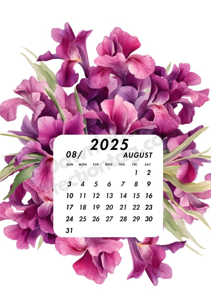 August 2025 calendar surrounded by lush fuchsia flowers, showcasing a stylish date arrangement.