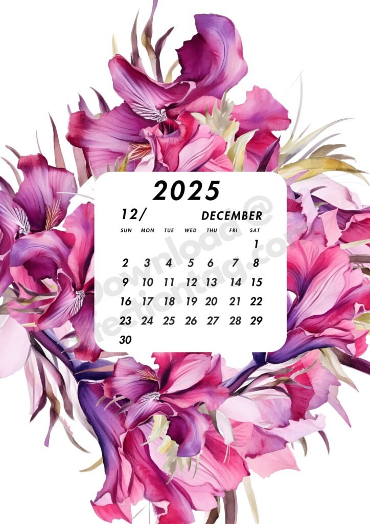 December 2025 calendar with festive fuchsia flowers, combining elegance and practicality.