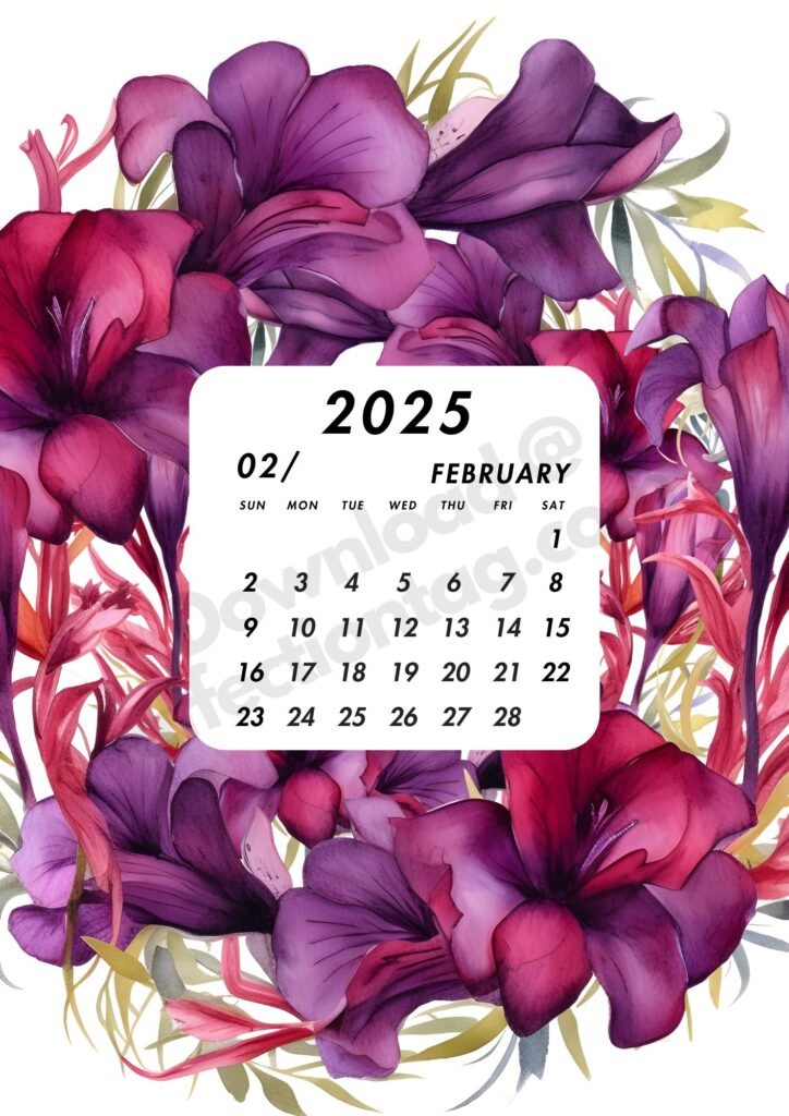 February 2025 calendar bordered by rich fuchsia flowers, offering a charming and romantic feel.