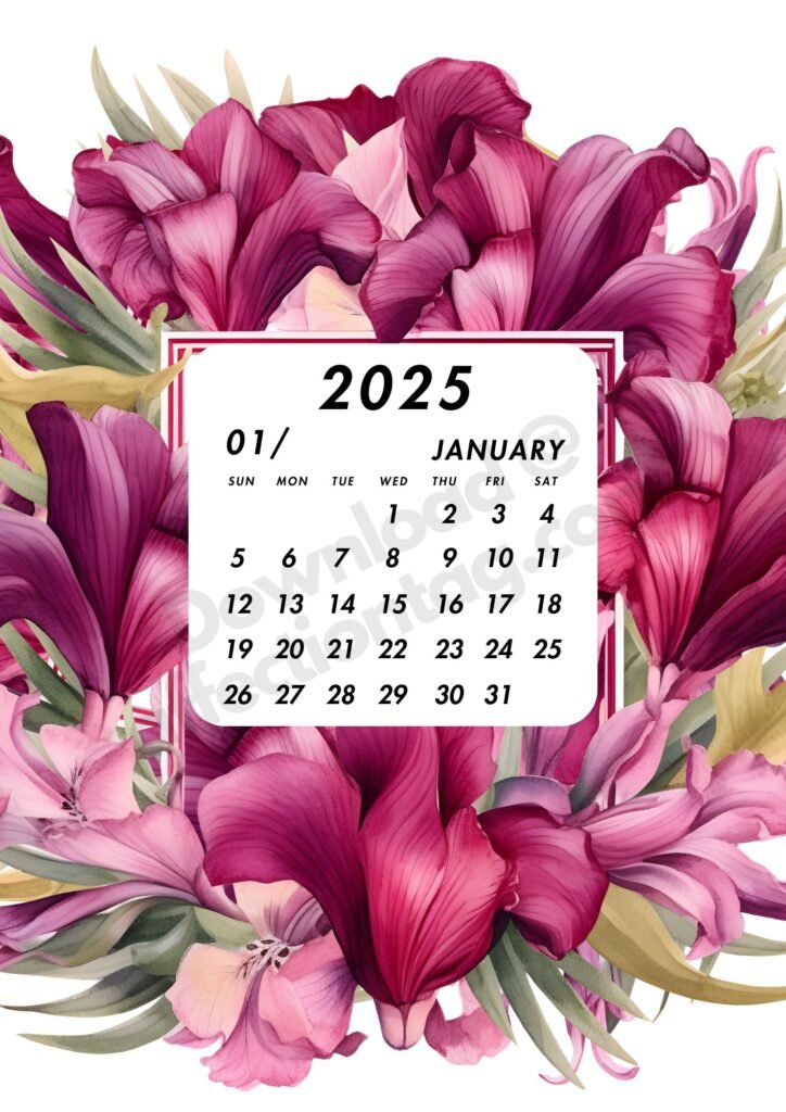 January 2025 calendar decorated with vibrant fuchsia flowers, providing a fresh start to the year.