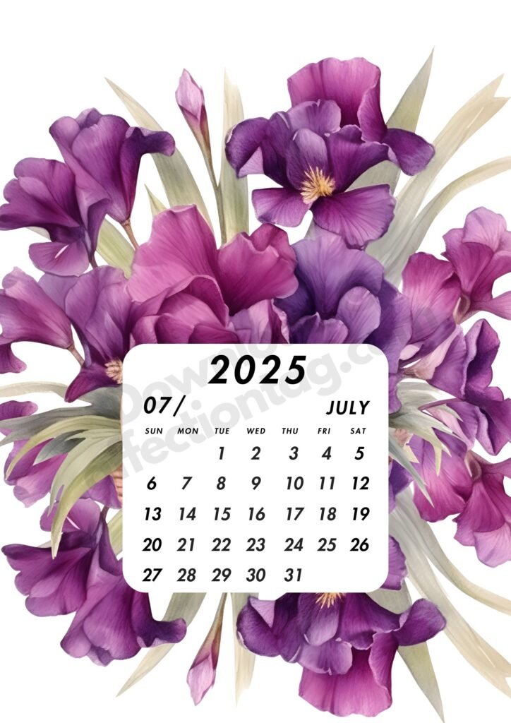 July 2025 calendar adorned with elegant purple and pink fuchsia flowers, highlighting the month's dates clearly.