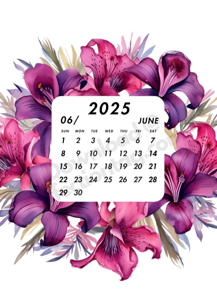 A bright June 2025 calendar framed by rich magenta and deep purple floral arrangements. The design highlights the summer vibe with its bold and colorful flower theme, starting the week with Sunday.