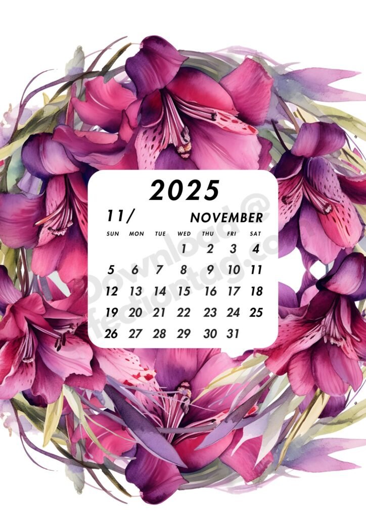 November 2025 calendar with vibrant fuchsia flowers in the background and a minimalist date design.