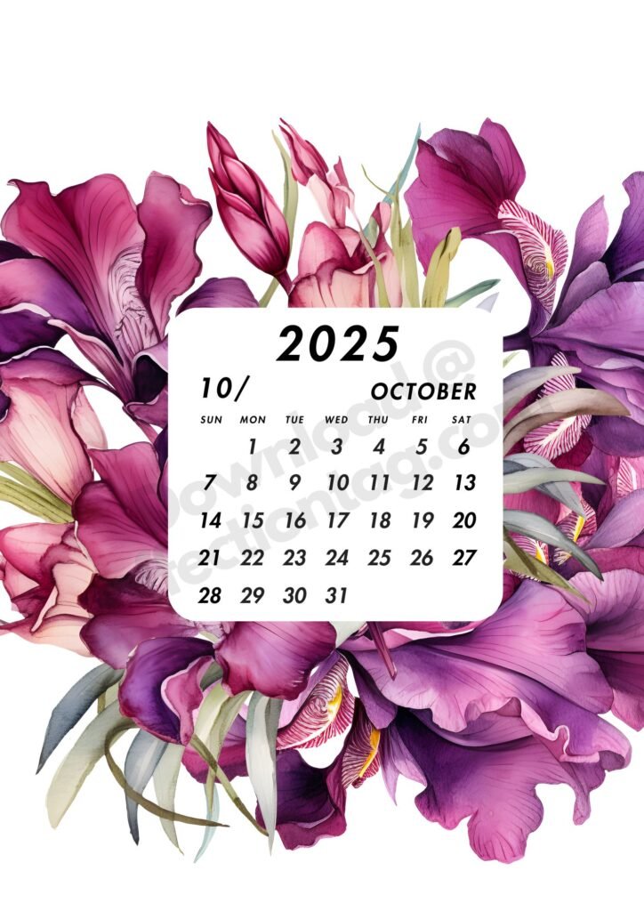 October 2025 calendar with a bold fuchsia floral border and crisp black and white date text.