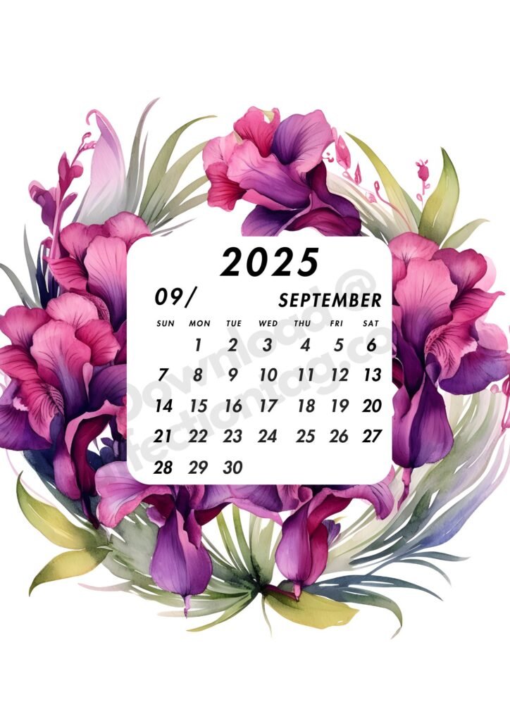 September 2025 calendar featuring a stunning fuchsia flower wreath and organized date display.