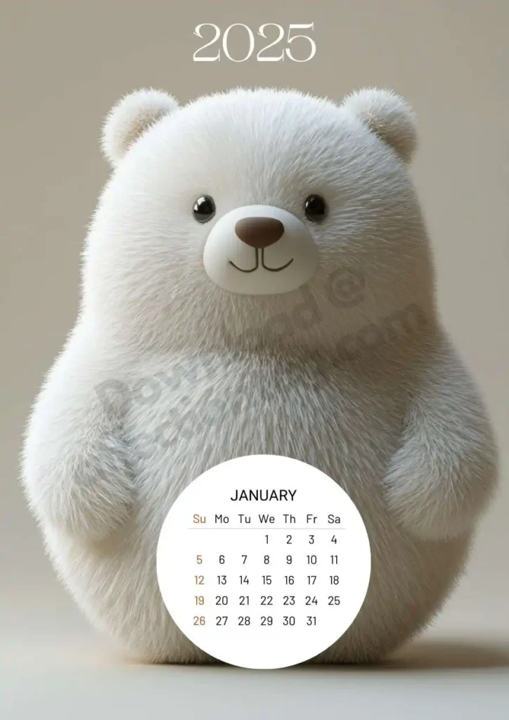 A cute plush white bear with soft fur, smiling gently. The circular January 2025 calendar is displayed at the bottom of the image, complementing the bear's warmth.