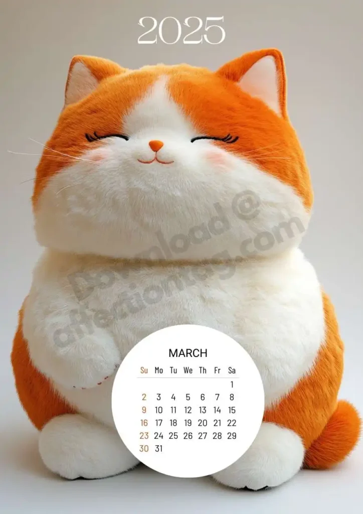 A fluffy orange and white plush cat, happily smiling with closed eyes. The March 2025 calendar is elegantly displayed at the bottom in a circular design.