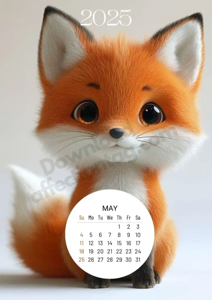 An adorable plush fox with bright orange fur and big, expressive eyes. The circular May 2025 calendar adds a delightful touch at the bottom of the image.