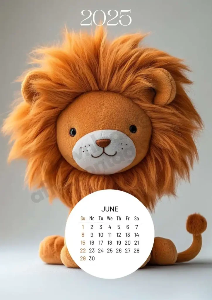 A regal yet cuddly plush lion with a fluffy mane and a calm expression. The June 2025 calendar is featured in a circular design at the bottom of the image.