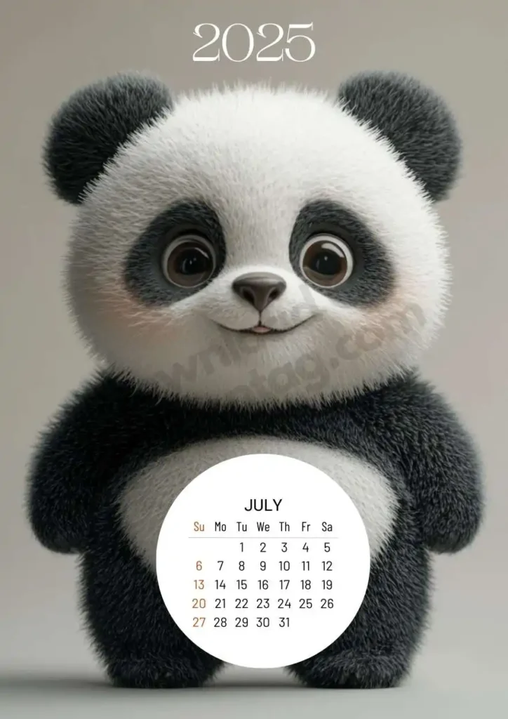 A huggable plush panda with black-and-white fur and sparkling eyes. The circular July 2025 calendar fits perfectly below, matching the panda's charm.