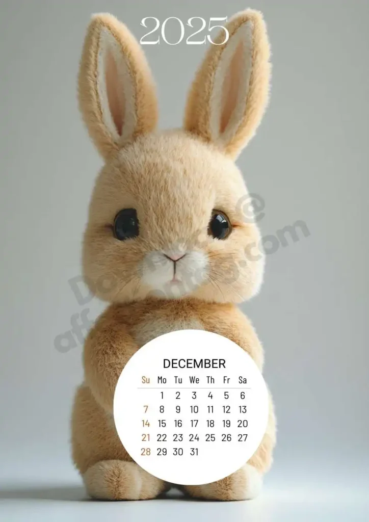 A delicate plush rabbit with beige fur and long ears, looking adorably inquisitive. The circular December 2025 calendar rests at the bottom of the image.