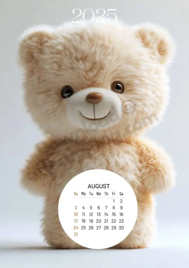 2025 calendar showcasing a plush teddy bear with a fluffy beige fur and a cheerful expression, representing the month of August, with the calendar in a round layout at the bottom.