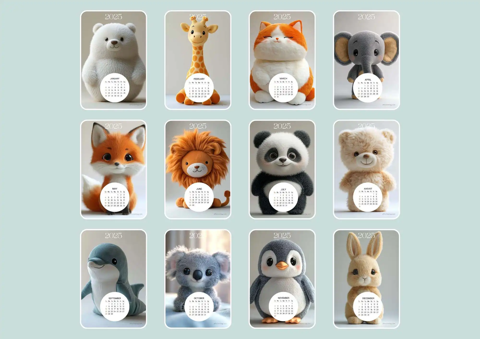 2025 Plush Animal Calendar featuring adorable illustrations of various animals, including a bear, giraffe, fox, cat, elephant, lion, panda, koala, penguin, bunny, and whale. Each animal represents a month, with the corresponding calendar displayed in a circular format at the bottom of each image. The layout is set against a pastel green background, creating a charming and cohesive design.