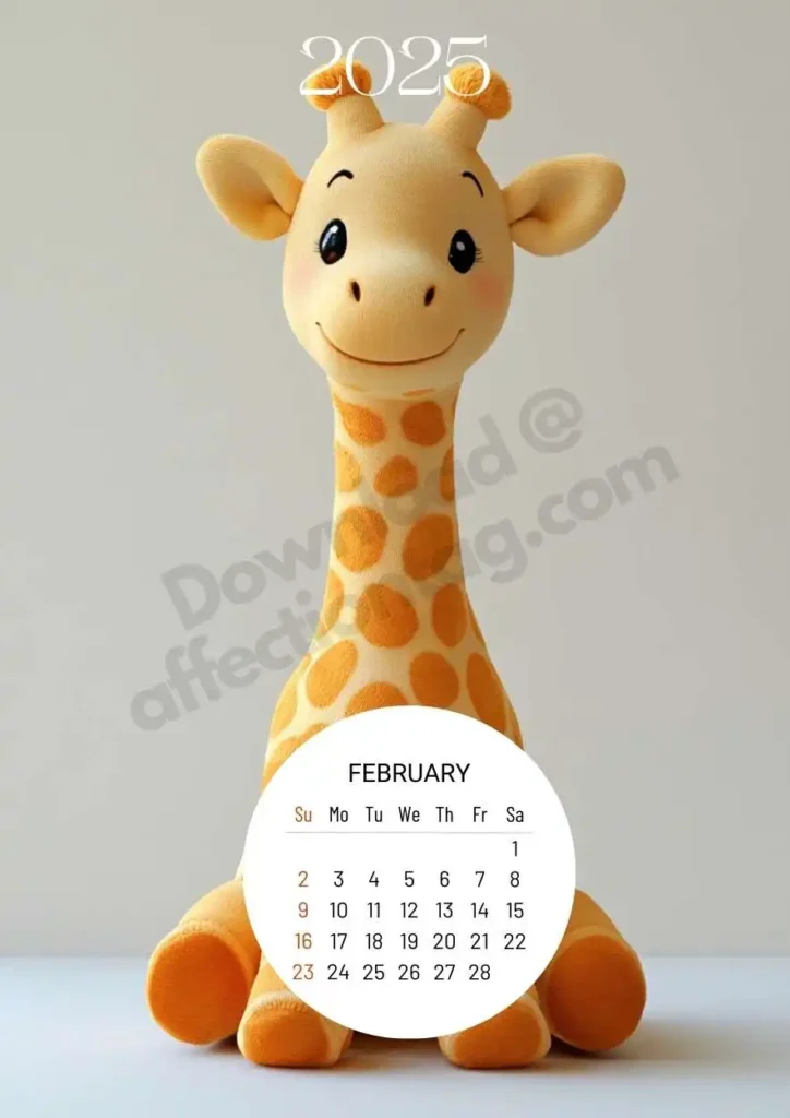 A cheerful plush giraffe with golden-yellow fur and orange spots. The February 2025 calendar is neatly placed in a circle at the bottom, blending beautifully with the giraffe's adorable design.