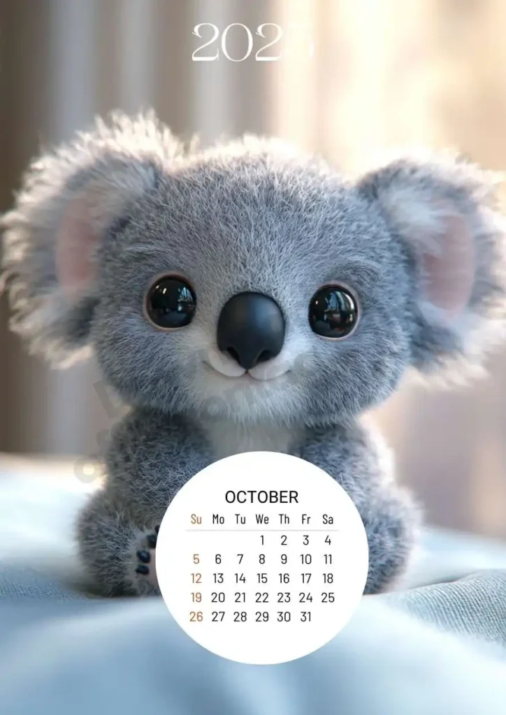 A sweet plush koala with soft gray fur and a curious expression. The October 2025 calendar is displayed in a circle at the bottom, complementing the koala's endearing look.