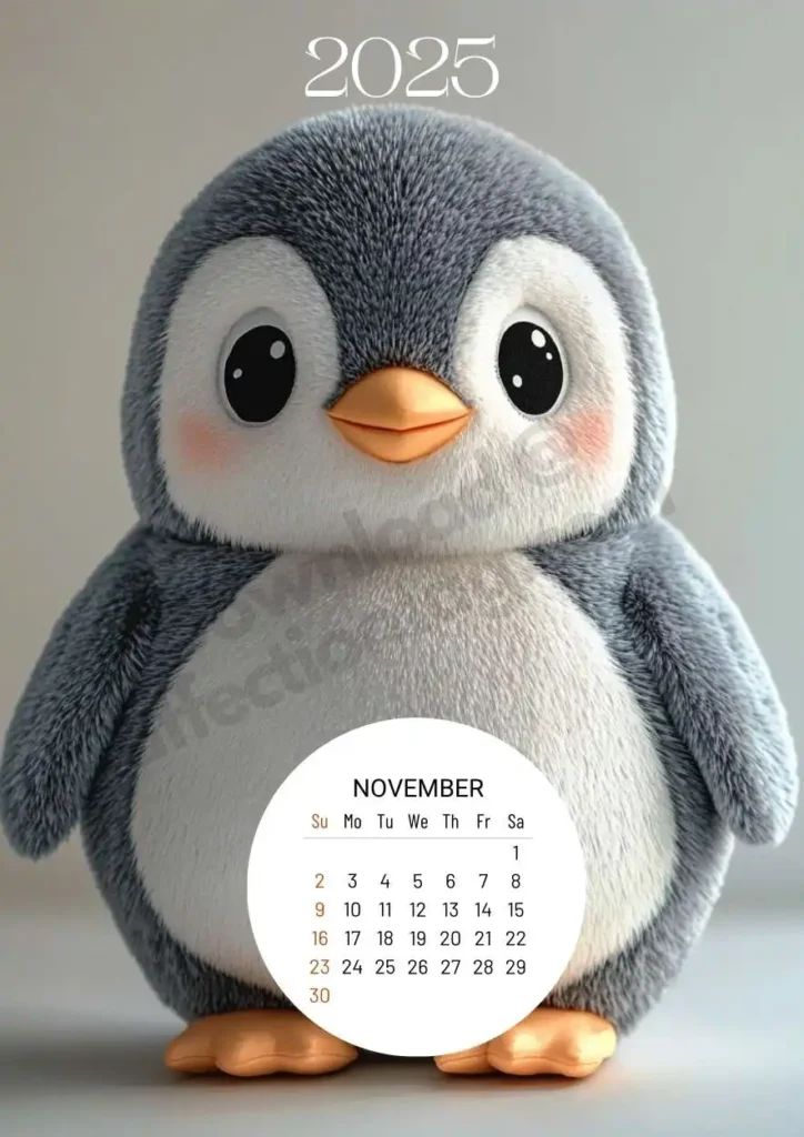 A plump, smiling plush penguin with a soft gray body and orange beak. The November 2025 calendar is presented in a circular format at the bottom.