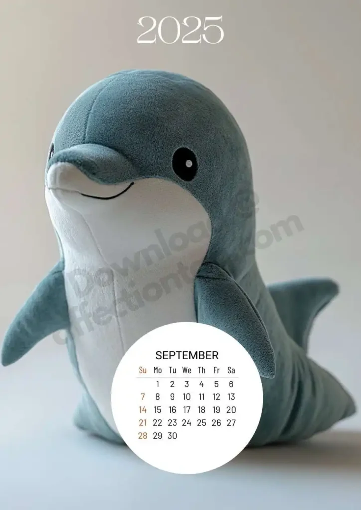 2025 calendar featuring a plush dolphin toy with a friendly smile, representing the month of September, with the calendar displayed in a round layout at the bottom.