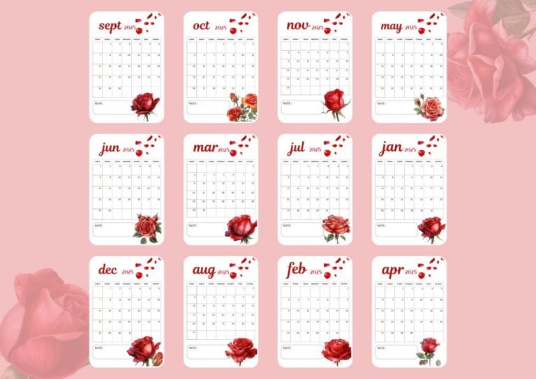 Rose Calendar 2025: A beautifully designed calendar featuring all twelve months adorned with elegant rose illustrations and a soft pink background. Each month includes space for notes, combining functionality with artistic floral charm.