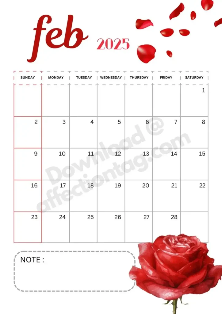 February 2025 calendar with rose petals at the top and a red rose at the bottom, complete with a notes section.