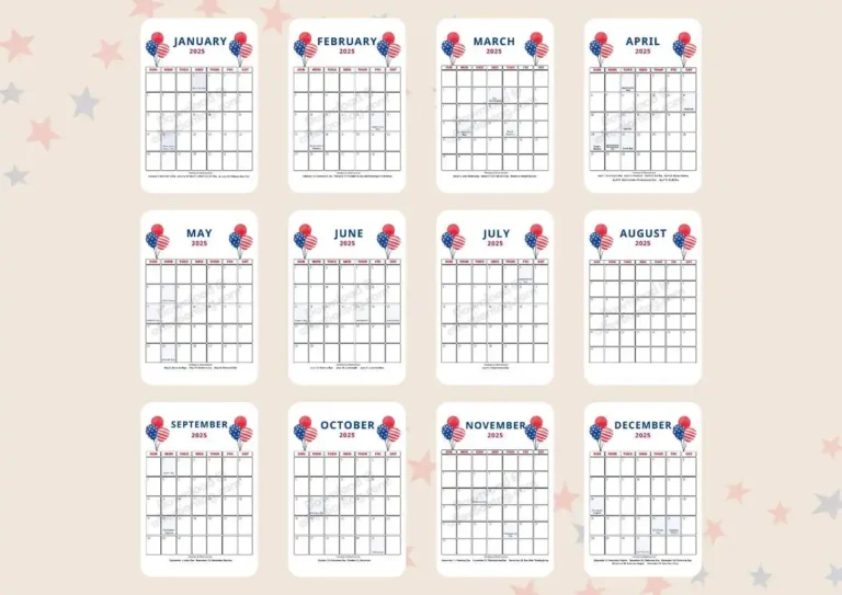 Image of a 2025 USA Holiday Calendar featuring twelve months, January to December. Each calendar page has patriotic-themed graphics at the top, including balloons in red, white, and blue with American flag patterns. The layout includes a grid for days of the month, with week names at the top (Sunday to Saturday). The background is beige with scattered star decorations in light red and blue.