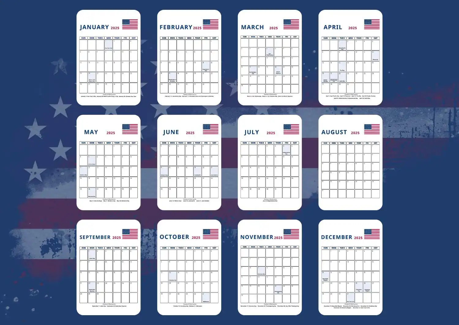 2025 USA-themed calendar featuring all twelve months, each with a distinct layout displaying federal holidays and observances, overlaid on a blue background with stars and stripes for a patriotic design.