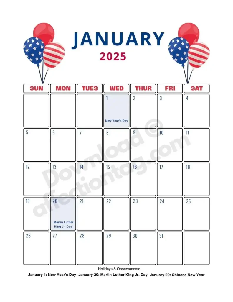 Features patriotic balloons in red, white, and blue, with holidays like New Year’s Day and Martin Luther King Jr. Day highlighted. The design reflects a celebration of American values.