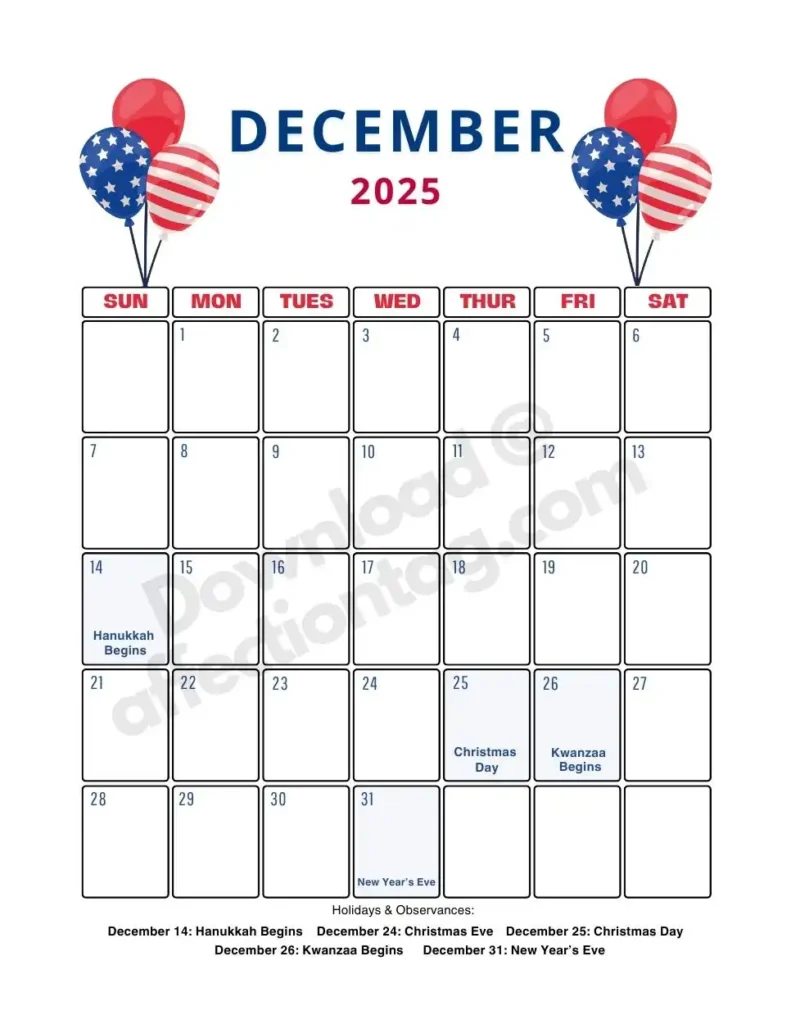 Includes Christmas, Kwanzaa, and New Year’s Eve. The design celebrates the spirit of the holiday season with a touch of patriotic pride.