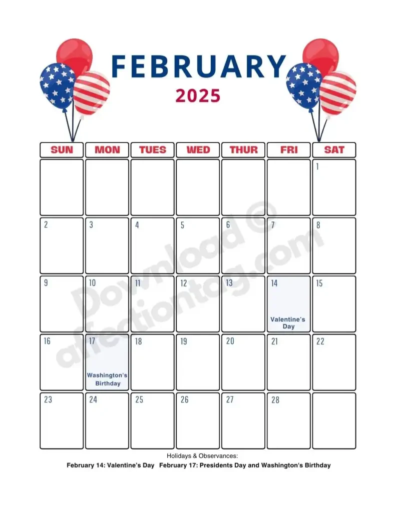 Includes colorful balloons in a patriotic theme, marking holidays like Valentine’s Day and Washington’s Birthday. Ideal for noting significant national celebrations.