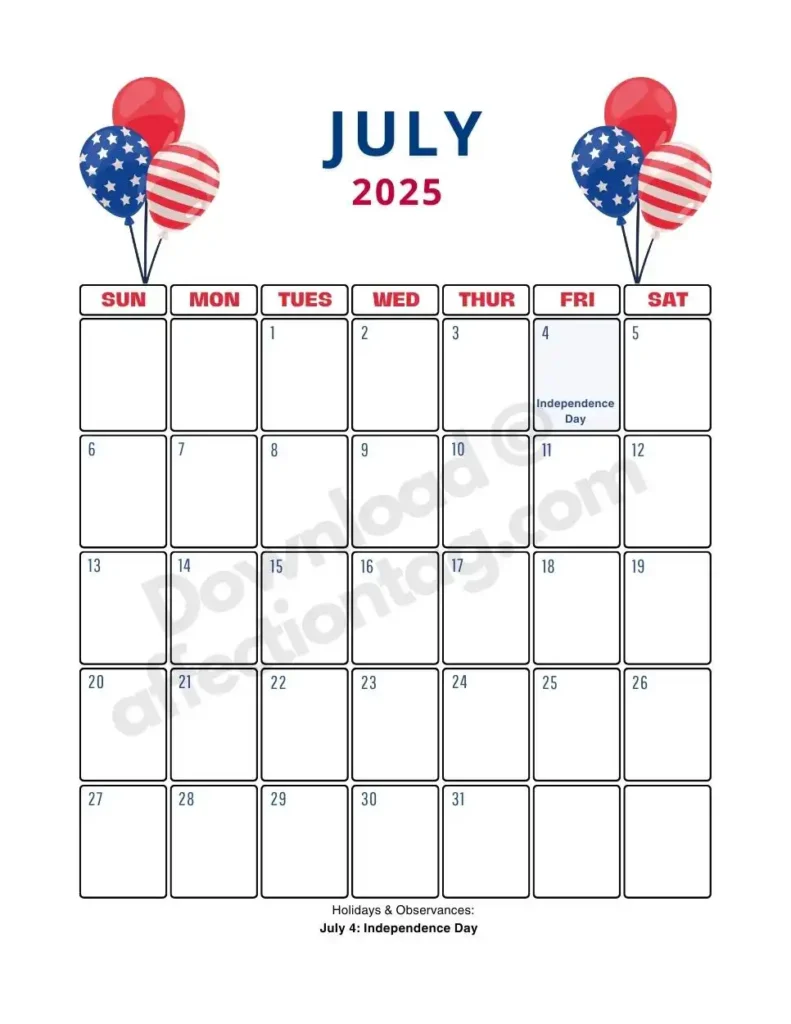  Focuses on Independence Day with an emphasis on patriotic colors. A perfect calendar for celebrating freedom and national pride.