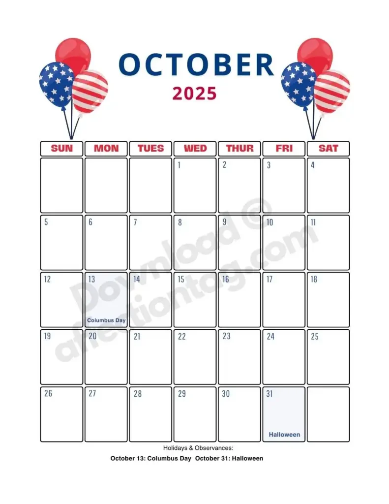 Marks Columbus Day and Halloween. The layout combines festive elements with a patriotic touch, making it suitable for national and cultural observances.