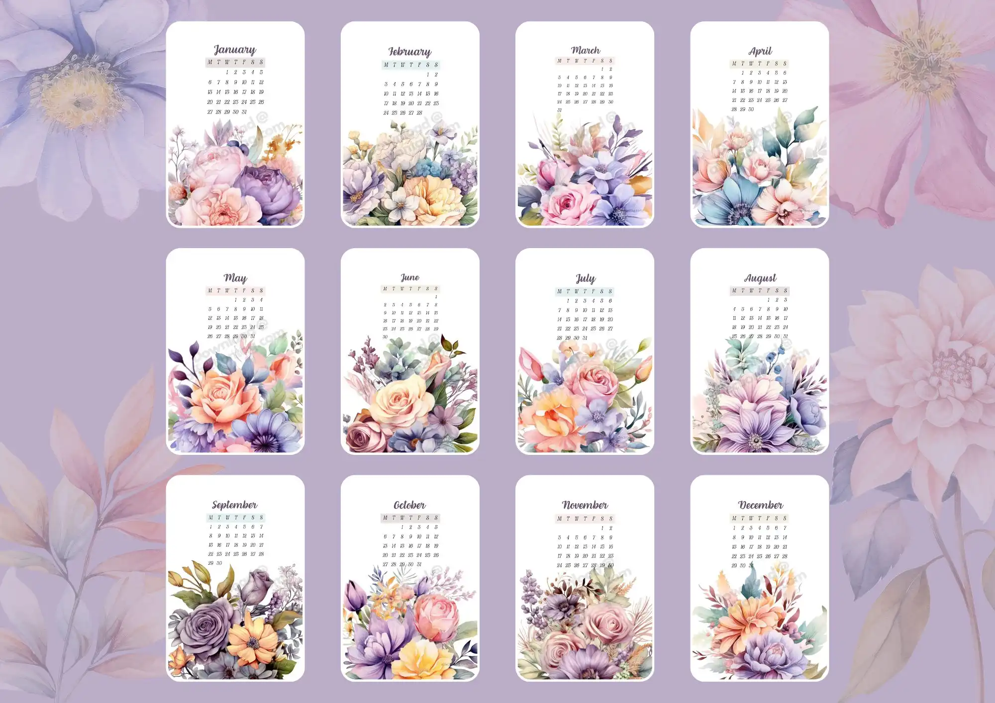 2025 Year of Flowers Calendar showcasing a stunning collection of floral designs for each month, including vibrant roses, peonies, tulips, and daisies. Each month features a unique artistic flower arrangement on a soft pastel background. Perfect for nature and art enthusiasts. ©affectiontag.com