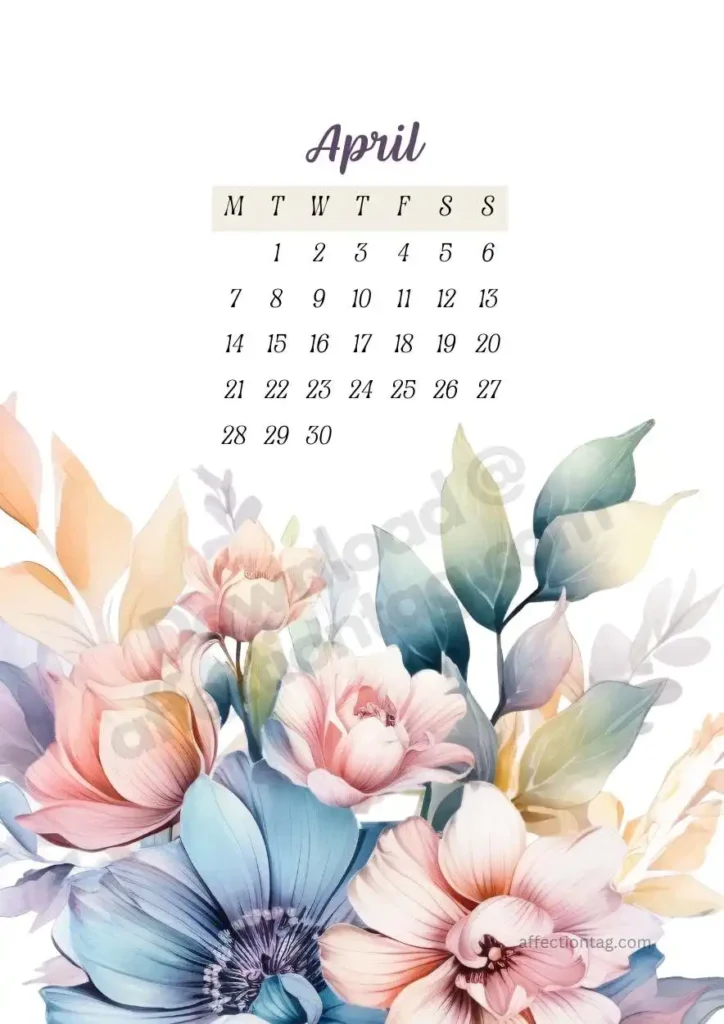 A delightful mix of peach, cream, and pastel blue flowers, harmonizing with the fresh April 2025 Year of Flowers Calendar. ©affectiontag.com