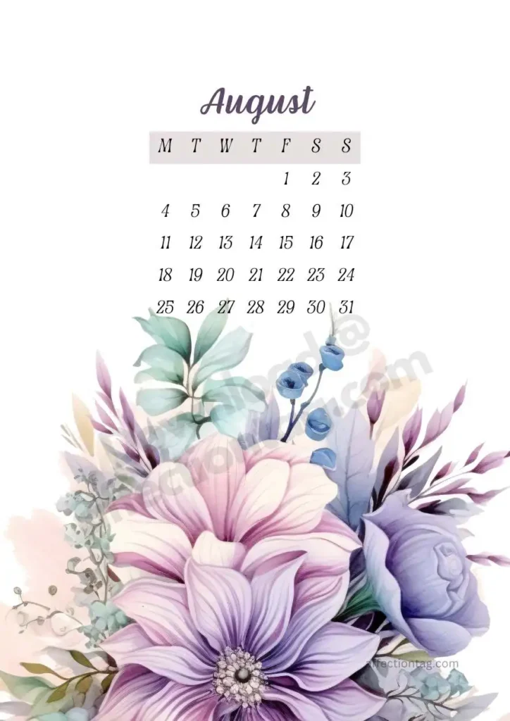  Elegant lavender and violet flowers paired with soft greenery embellishing the August calendar. ©affectiontag.com