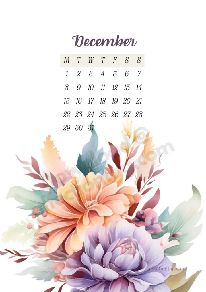  Festive florals in warm orange and violet hues with autumn leaves gracing the December calendar. ©affectiontag.com